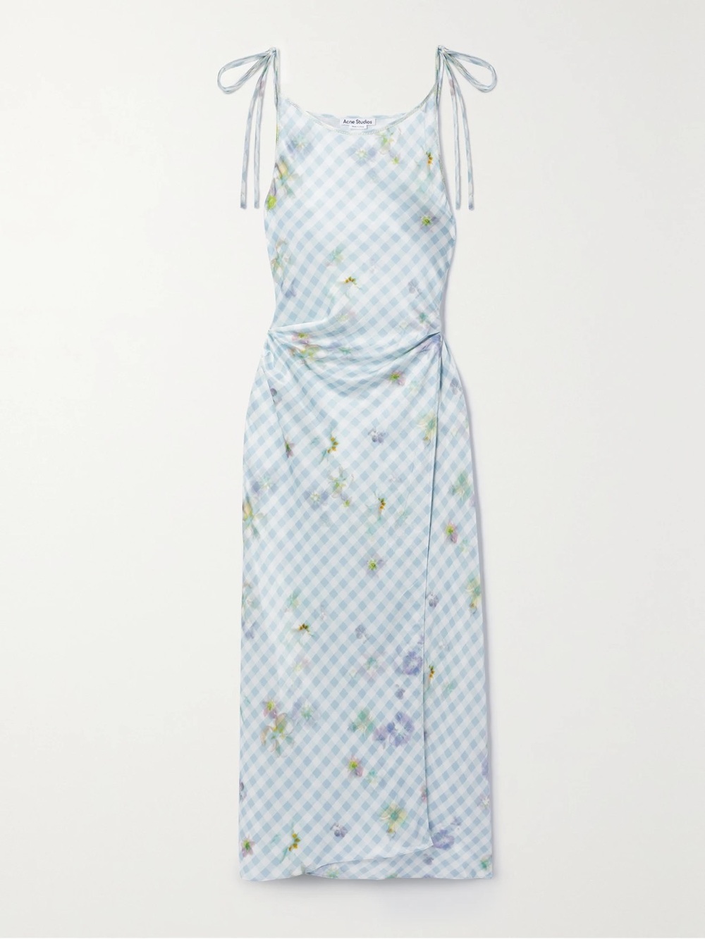 Acne Blue Gingham Floral Tie-Shoulder Maxi Dress